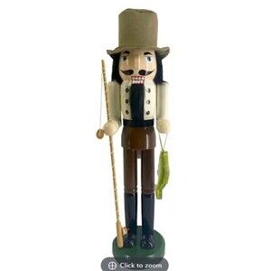 Wooden Christmas Nutcracker, 15", FISHERMAN WITH FISHING ROD & GREEN FISH, ATH